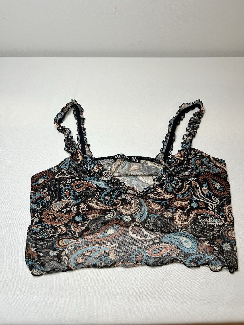 Nasty Gal Womens US 8 Paisley Mesh Bralette Crop Top Ruffle Strap Y2K Festival